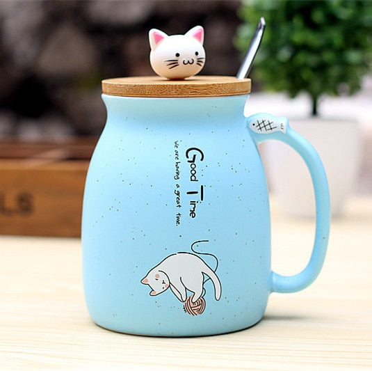 Ceramic Cat Mug With Lid and Spoon